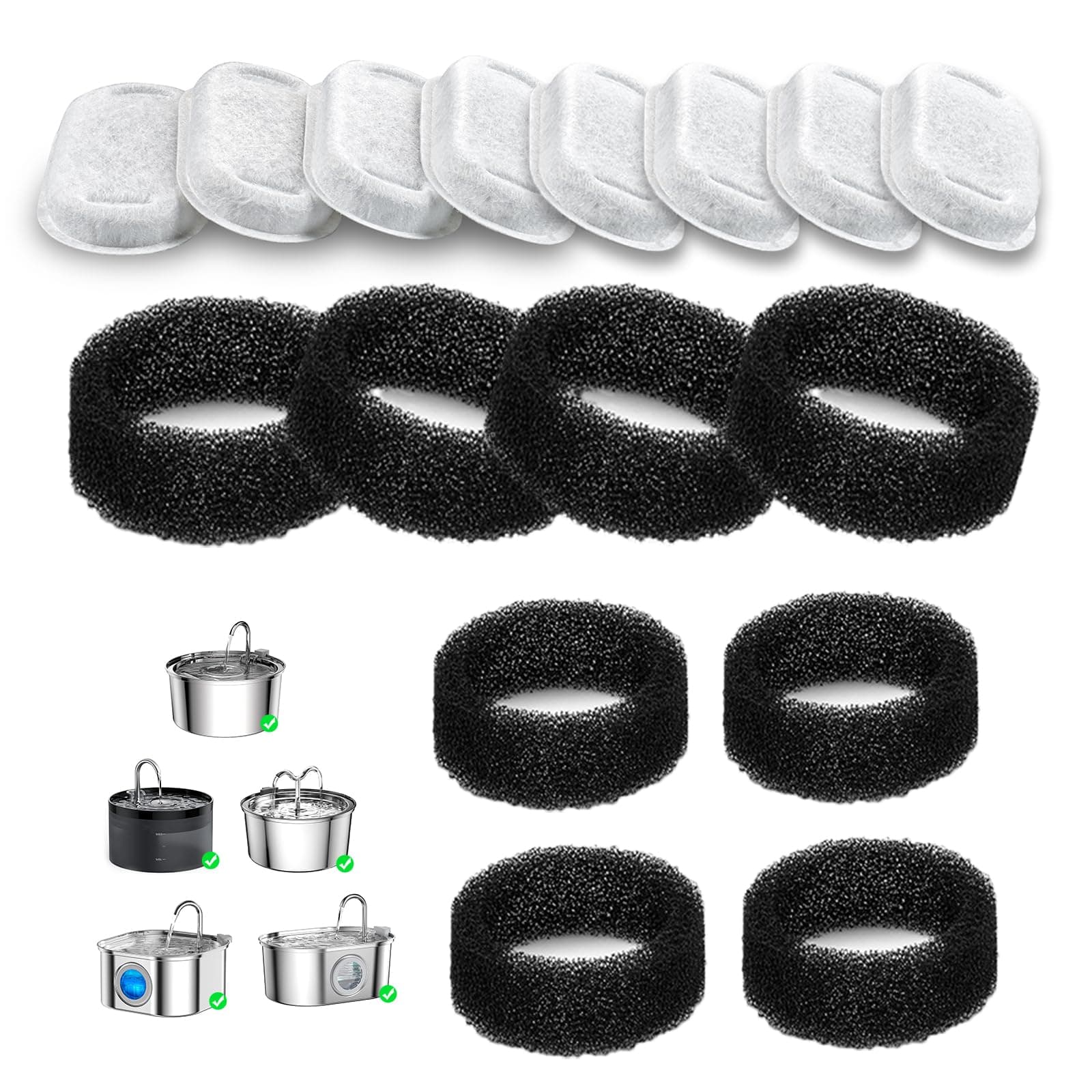 Lawfery 8+8 Pack Cat Water Fountain Filters Replacement | 8 Cat Fountain Filters & 8 Pre-Filter Sponges for 3.2L/108oz Stainless Steel and Bento Cat Water Dispenser