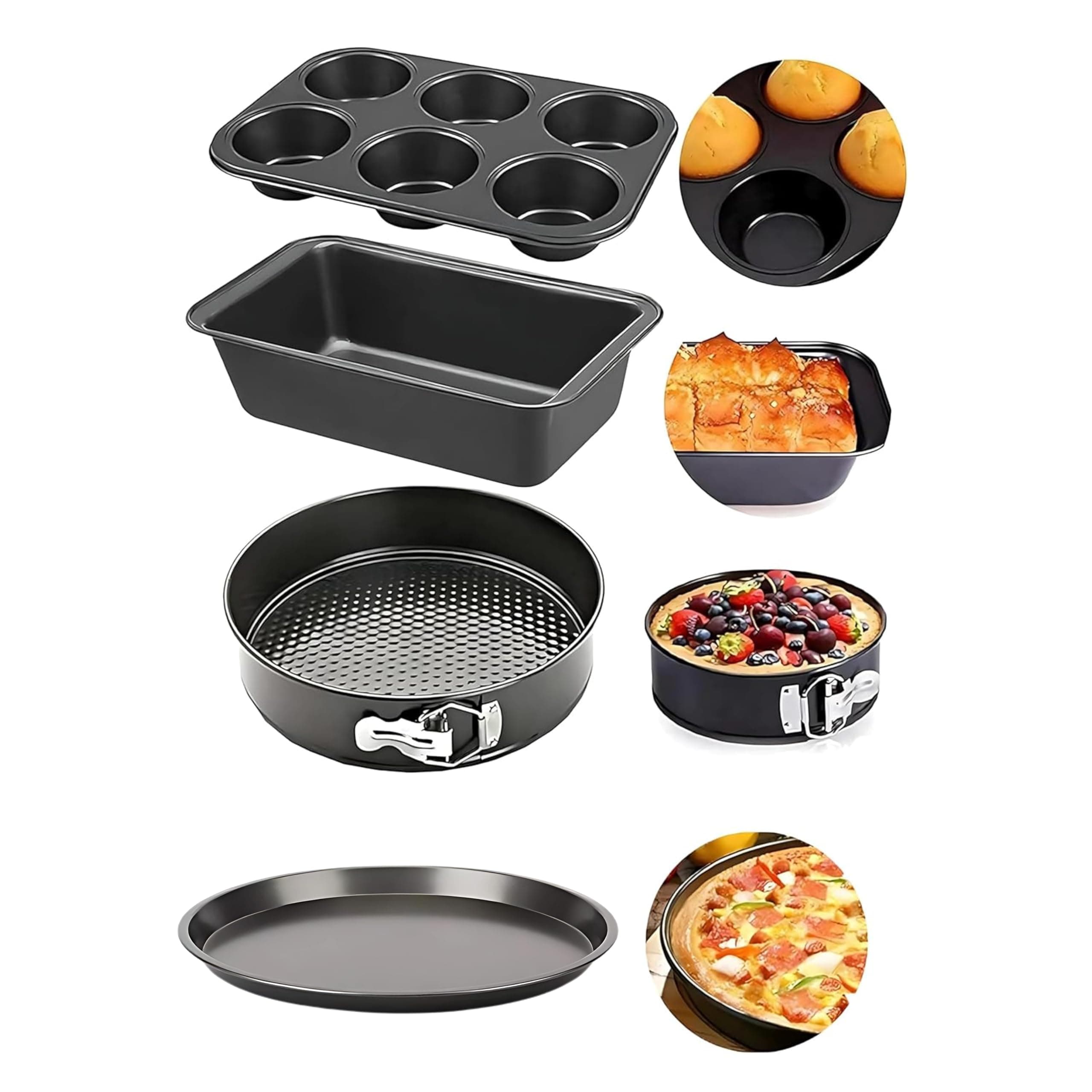PureBake Premium Sgs Certified Cake Baking Combo 4 Baking Set Includes Round Cake Tin, Bread Loaf, Pizza Pan & Muffin Tray Cake Moulds Set - Suitable For Microvawe OTG Oven And Dishwasher Safe,Black