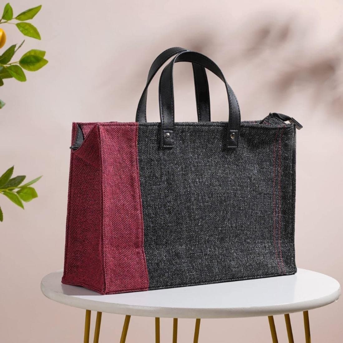 Nestasia Jute Lunch Bags for Office Men (15x10 Inch), Eco-Friendly and Washable Lunch Bags for Men and Women with Vegan Leather Handle, Black & Red