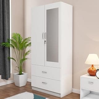 VIKI Wardrobe | Albarracin Wardrobe | Wooden Almirah for 2 Door Wardrobe with 2 Drawer & Hanging Space with Mirror (Frosty White - 40D x 80W x 180.8H) | 1 Year Warranty | Free Assembly