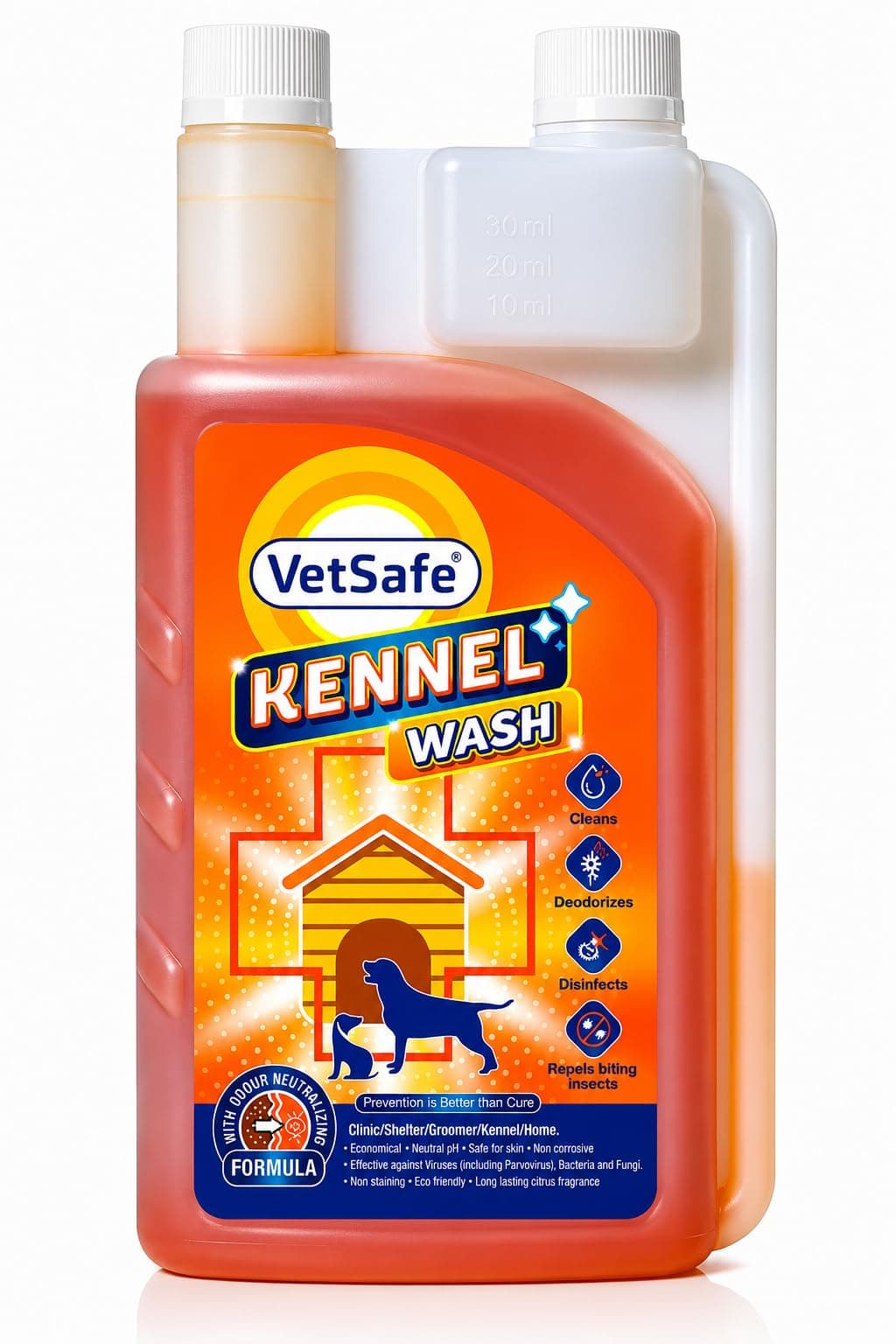 VetSafe Kennel Wash | 500 ML | Kennel Cleaner | Pet Floor Cleaner | Pet Area freshener | Odour Neutralizer | Anti microbial | Disinfectant | Super Concentrate | Orange Power