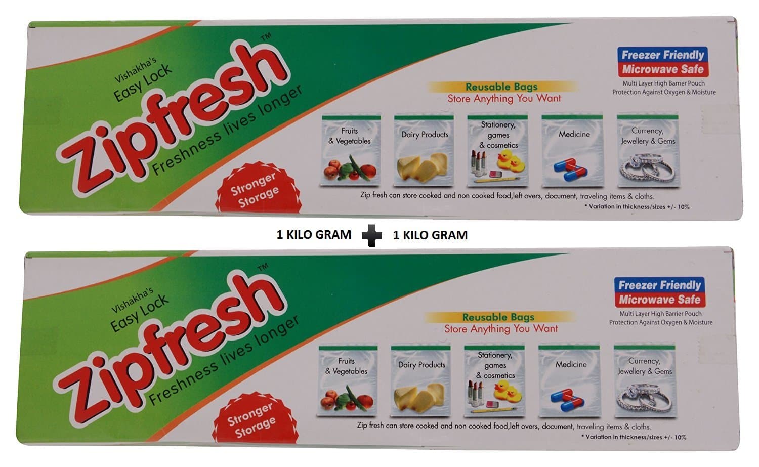 Amit Marketing Zipfresh Reusable Storage Bags with Easy Lock Zip | Multi-Purpose Zipper Bag | Freezer & Microwave Safe | Pouches for Fruits Vegetables Snacks & Travel Use - 1kg + 1kg - Each of 10Pcs