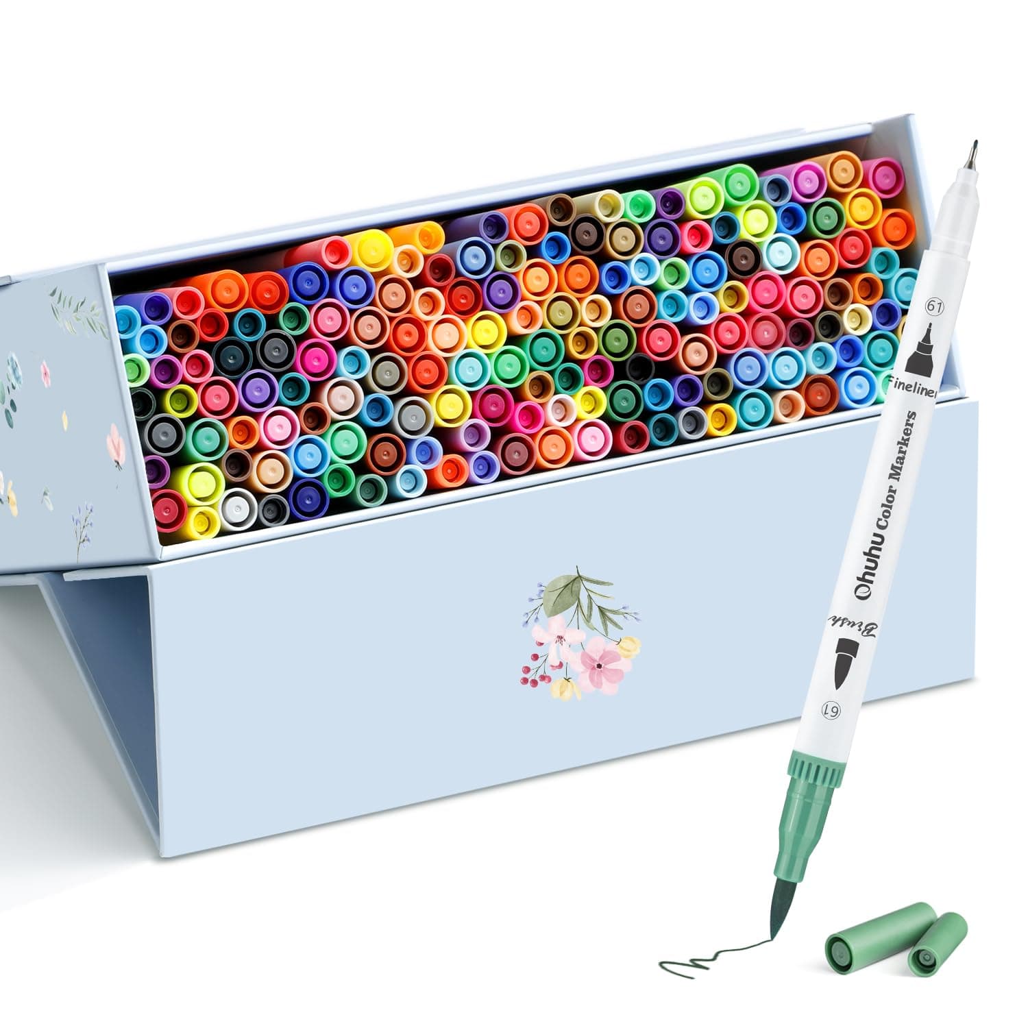 Ohuhu Brush Pen 160 Colors Water-based Sketch Pen Set for Artists No Bleeding Dual Tips Fineliner & Brush Drawing Pens Art Marker for Kids Adults Sketching Calligraphy Journal School - Maui - White