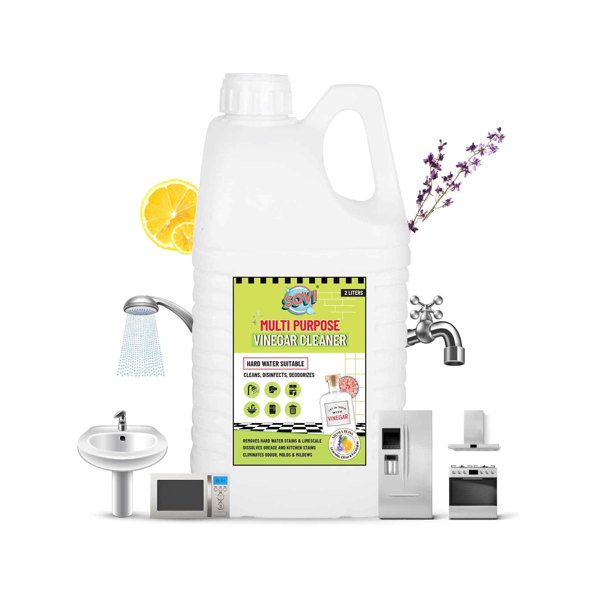 SOVI Multipurpose Vinegar Cleaner - Lavender Fragrance | Hard Water & Limescale Remover, Kitchen & Bathroom Degreaser, Pet Odour Eliminator | Eco-Friendly Surface Cleaner 2 Litre