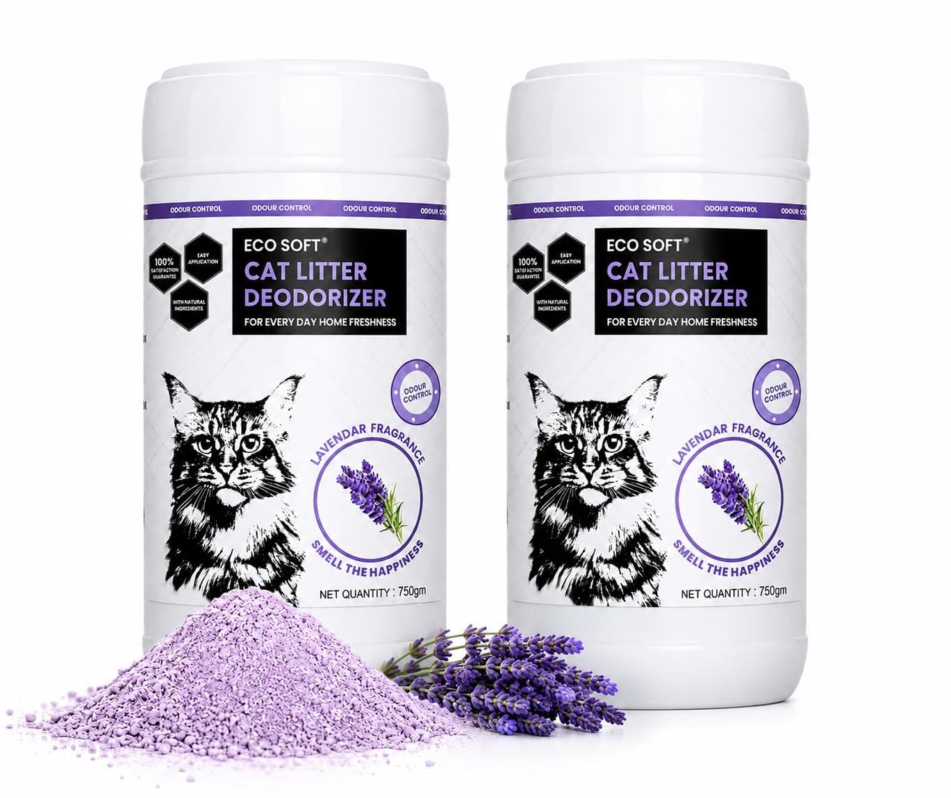 EcoSoft Cat Litter Deodoriser - Lavender 750 gm (Pack of 2), Controls Odour, Feels Fresh, 100% Effective |Pet Urine Smell remover | Odour control