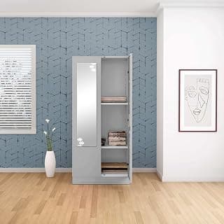Interio by Godrej Almirah Slimline 2-Door Steel Almirah, Cupboard for Clothes (Royal Ivory), 1-Year Warranty, 2 Shelves and Star Design Mirror