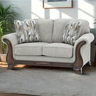 Royaloak Amber Fabric Sofa 2 Seater | Soft Grey Upholstery with Thick Cushions | Designer Wooden Arm Panels and Wood Finish Skirting Legs | 2 Seater Sofa with Super Soft Cushions for Comfort