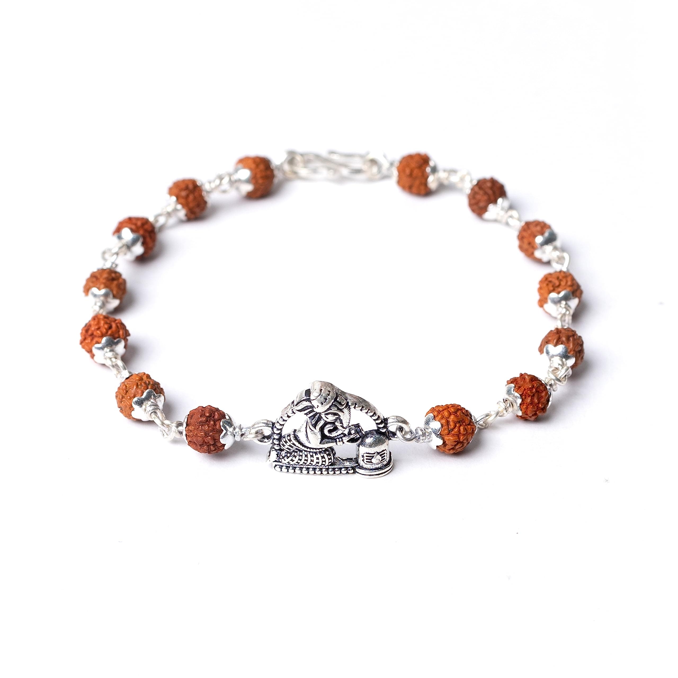 Hem Jewels Pure Silver Rudraksh Rakhi for Brother | Rudaksh Bracelet for Boys and Men | Silver Rakhi with Ganesha and Shivling Motif (HJRKH-60)