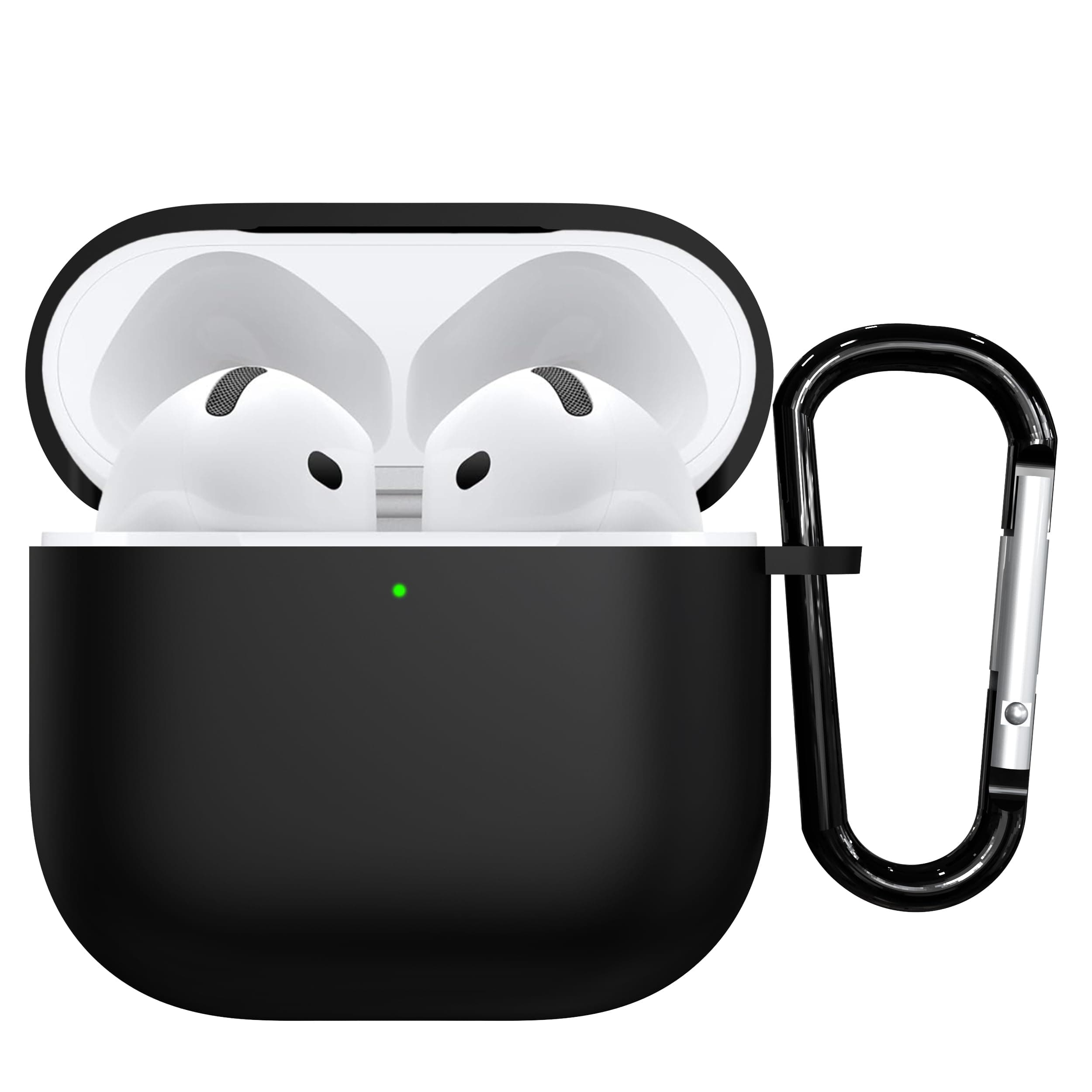 Sounce Silicone Case Cover Compatible with AirPods 4th Generation 2024 Soft Shockproof Skin Protective Cover with Front LED Visibility Wireless Charging Support Keychain Accessory (Black)