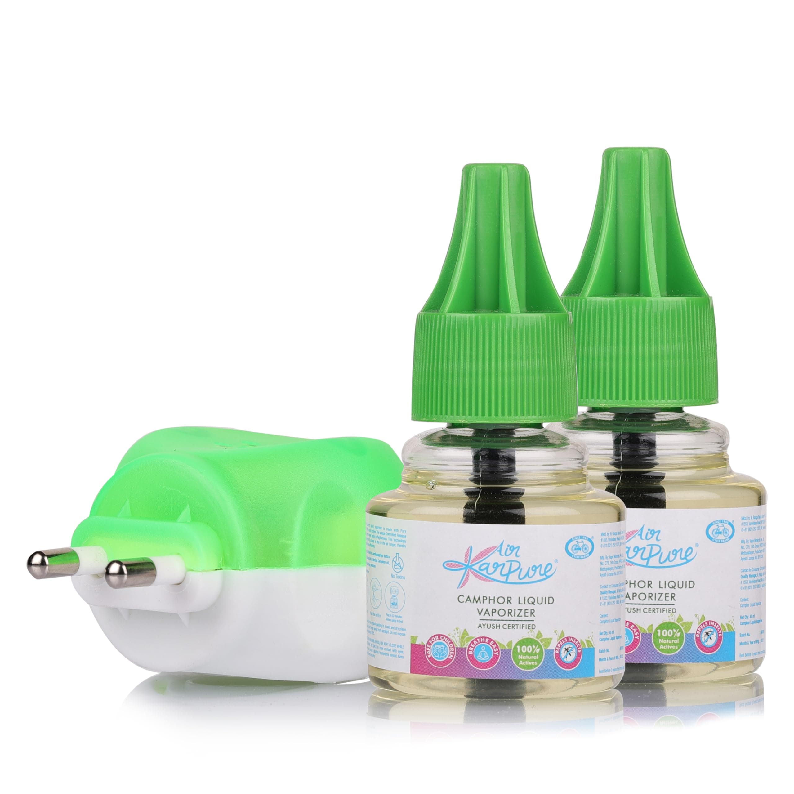 Cycle Pure Karpure Camphor Vaporizer Machine with Refill - Pack of 2, 45 ML each | Original Kapoor Fragrance | Ayush Certified | Baby & Skin Safe, Pet Friendly
