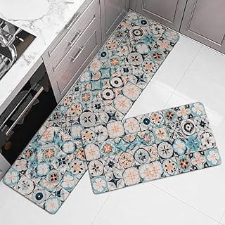 VERVENIX 2 Pcs Kitchen Mat Set – Anti-Slip Waterproof Floor Mats for Kitchen, Sink & Laundry – Soft Cushioned Rugs with Vintage Tile Print Design (120x40 cm + 40x60 cm)