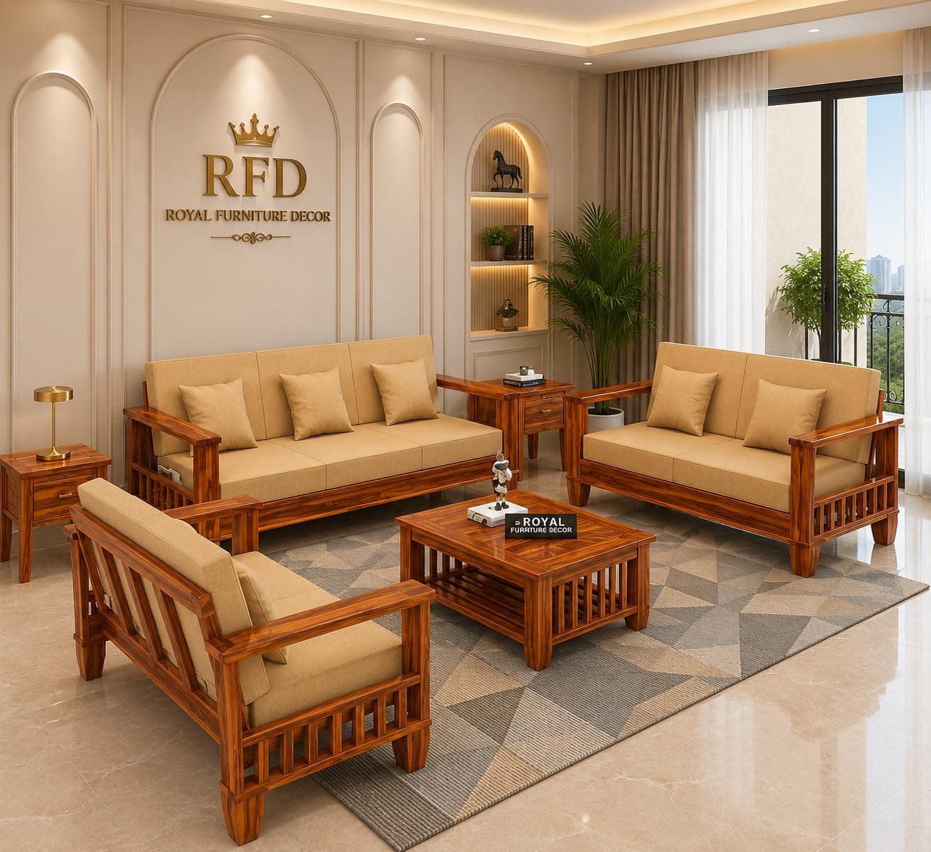 Royal Furniture Decor Sheesham Wooden 7 Seater Sofa Set for Living Room | Rosewood Cushion Sofa with Side Newspaper Holder for Home & Office | Lounge (Honey, 3+2+2 Seater)