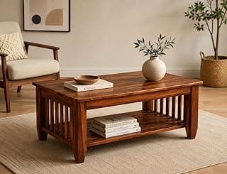 AASALIYA Wooden Center Coffee Table with Storage | Solid Sheesham Wood Centre Table for Living Room, Drawing Room & Office | Honey Finish