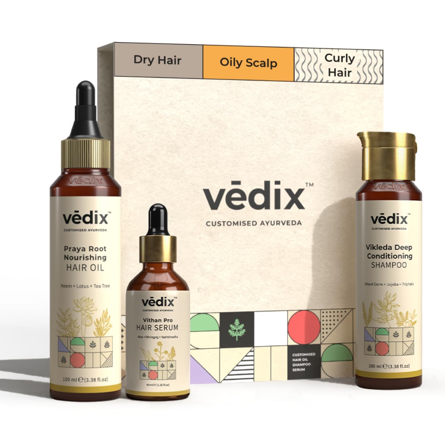 Vedix Ayurvedic Anti-Hairfall 3 Pc Kit | Dry & Curly Hair | Oily Scalp | Oil, Shampoo & Serum Kit | With Neem & Lotus | Controls hair fall & boosts regrowth | 100ml + 100ml + 40ml