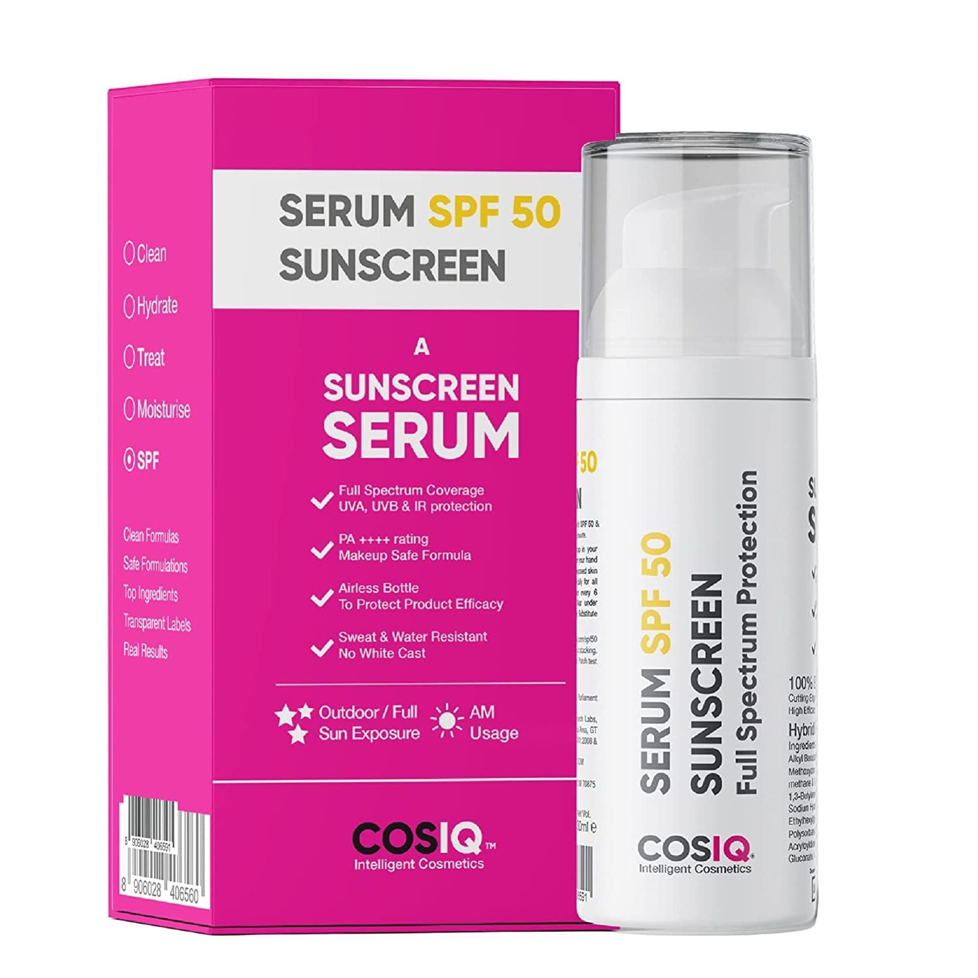 Cos-IQ Sunprotect Outdoor Sunscreen Serum SPF 50 PA++++ | Broad Spectrum, No White Cast, Dewy Hydrating Finish | For Normal & Dry Skin | Clinically Tested | Acne Safe For Unisex, 30ml