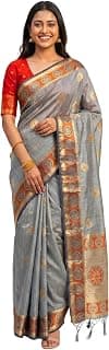 MIMOSA Women's Grey tusser Kanjivaram Saree (Unstitched Blouse) | Zari Woven Design | 6.2 Mtrs