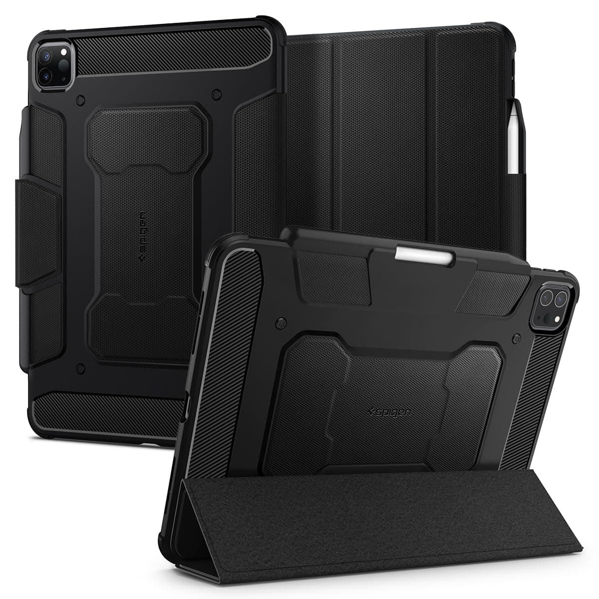 Spigen Flip case for iPad Pro 11 inch M2 4th Gen (2022) / 3rd Gen (2021) / 2nd Gen (2020) / 1st Gen (2018), Trifold, Built in Pencil Holder, Full Cover(Rugged Armor Pro) - Black