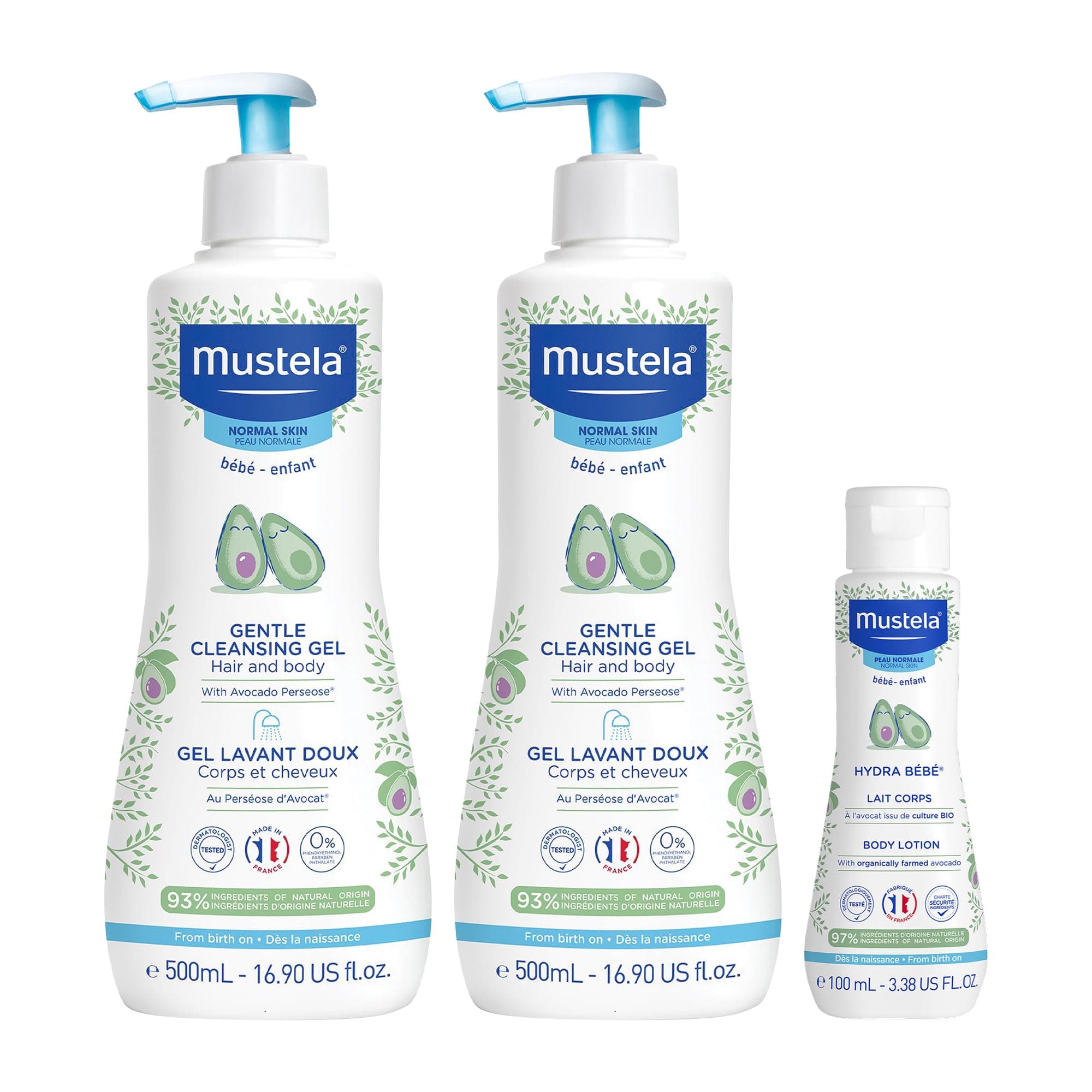 Mustela Baby Skincare Combo – Buy 2 Cleansing Gel 500ml & Get 1 Free Hydra Bébé Body Lotion 100ml | Gentle Daily Care