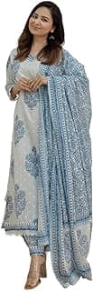 Arayna Women's Cotton Printed Floral Straight Kurta with Palazzo Pants and Dupatta