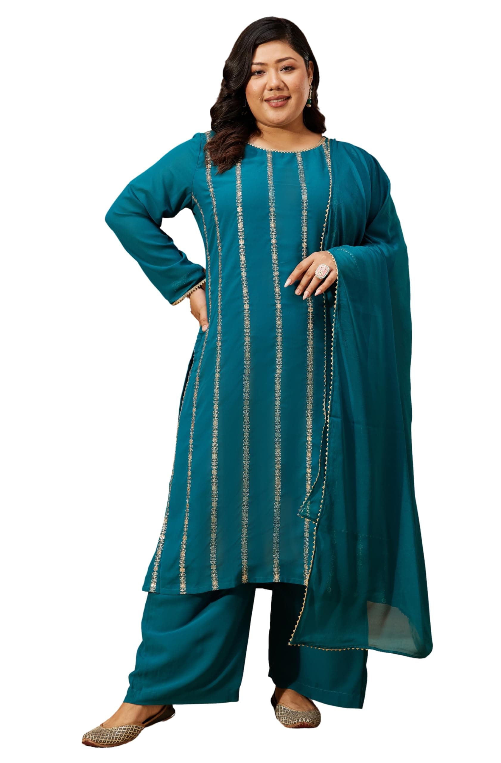 Janasya Women's Plus Size Sea Green Georgette Embellished Straight Kurta with Palazzo & Dupatta Set