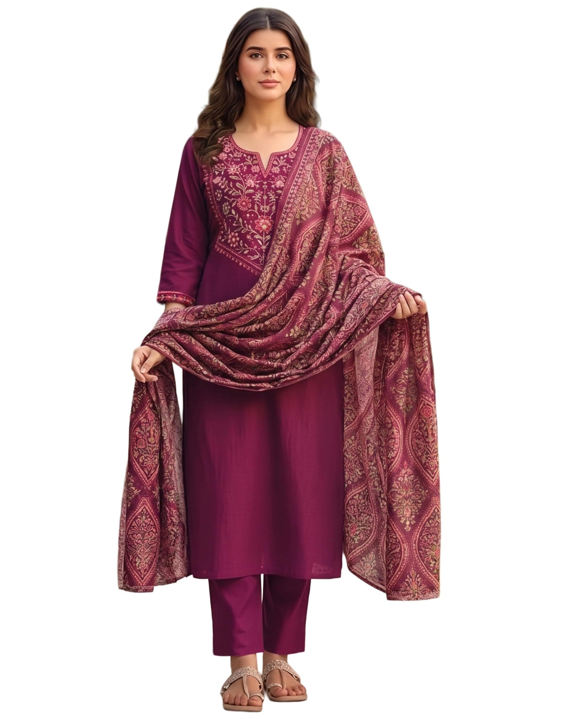 GoSriKi Women’s Rayon Viscose Straight Printed Embroidered Kurta with Pant & Dupatta | Ethnic Kurta Set for Women | Daily, Office & Festive Traditional