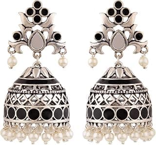 VOYLLA Brass Silver Oxidised Plating Rangabati Pink Embellishments Jhumka Earrings with Pearl Beads for Women and Girls