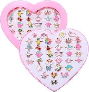 PASEMM 36pcs Little Girl Alloy Jewelry Rings, Adjustable Unicorn Rings Toys, No Duplication Kids Play Ring in Box,Dress Up for 4-12 Year Old Girls, Birthday Christmas Valentine's Day Easter Holiday