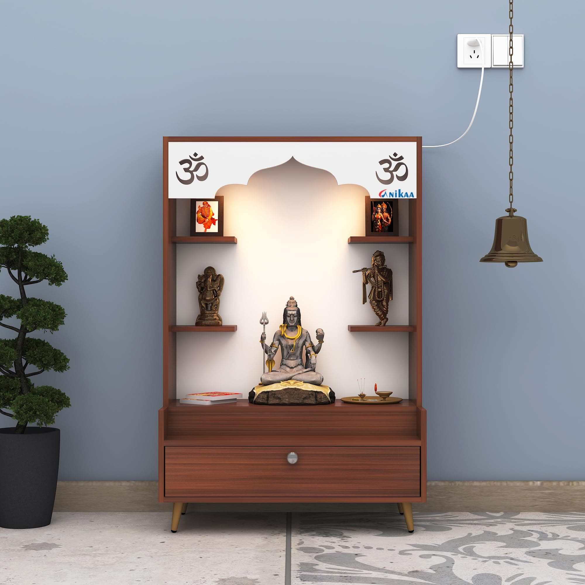Anikaa Kimbell Engineered Wood LED Light Home Temple Puja Shelf OM Temple Stand Mandir for Home, Office - Walnut (D.I.Y - Do-It-Yourself)
