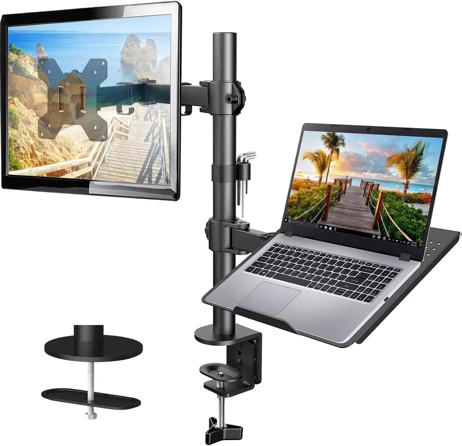 Laptop Desk Arm with Clamp and Grommet, Swivel and Tilt Function (Dual Arm with Monitor & Laptop)