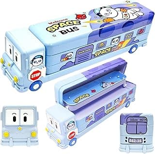 PRIME DEALS Bus Shape Pencil Box School Bus Metal Geometry Box for Kids Magic Bus with Moving Tyres with 3 Compartments Moving Tyre's & Sharpener Geometry Case for Boys & Girls.