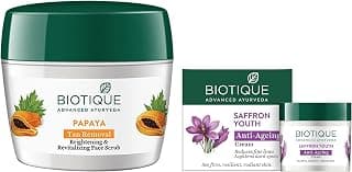 Biotique Papaya Tan Removal Brightening & Reviatalizing Face Scrub For All Skin Types, 235g & Biotique Saffron Youth Anti-Ageing Cream Reduces fine lines Lightens dark Spots, 50g