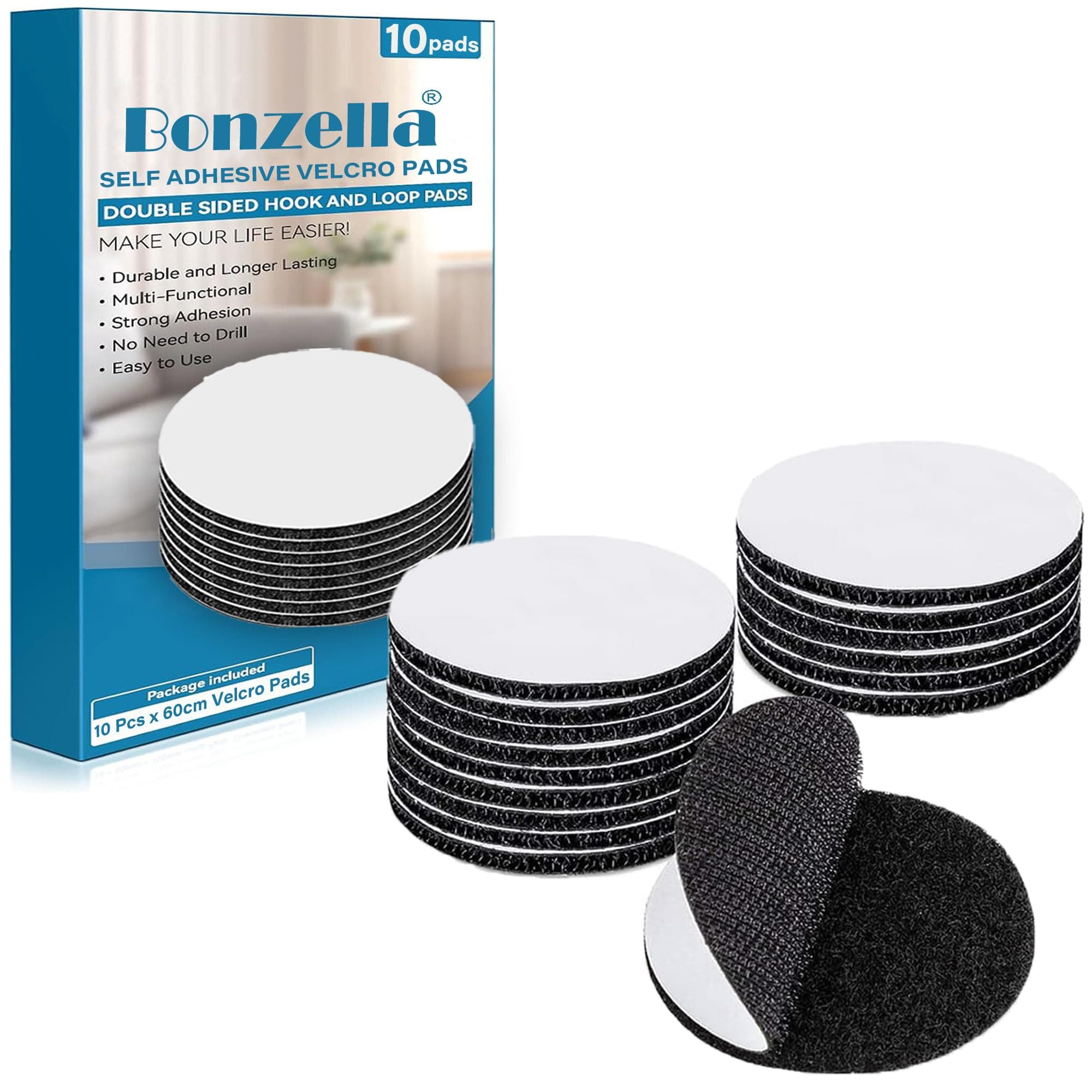 BONZELLA 10 Pcs Self Adhesive Hook and Loop Tape 6 x 6 CM Multipurpose Adhesive Round Dots for Home, Office, Carpet, Double Sided Sticky Hook Loop Sticker for Crafting & Hanging, Black (10, Black)
