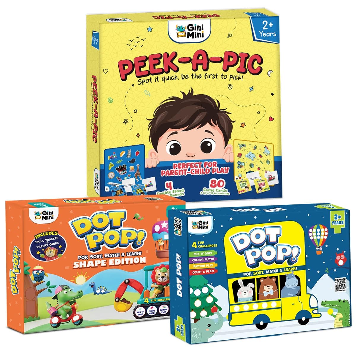 GiniMini Toddler Learning Combo – DOT POP Colour & Counting + DOT POP Shapes + Peek-A-Pic | Educational Toys for Kids 2+ | Sorting Matching Memory & Observation Games | Preschool Learning Activity Kit