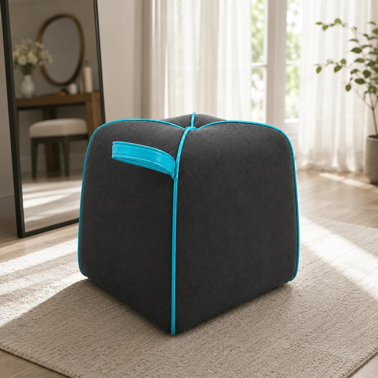 FURNY Signature Regalia Suri Accent Pouf | Boston Fabric | 40D High-Density Foam | (Ash Grey with Ocean Blue Piping) | Footrest, Vanity Ottoman & Accent Seat for Home, Office & Hotel