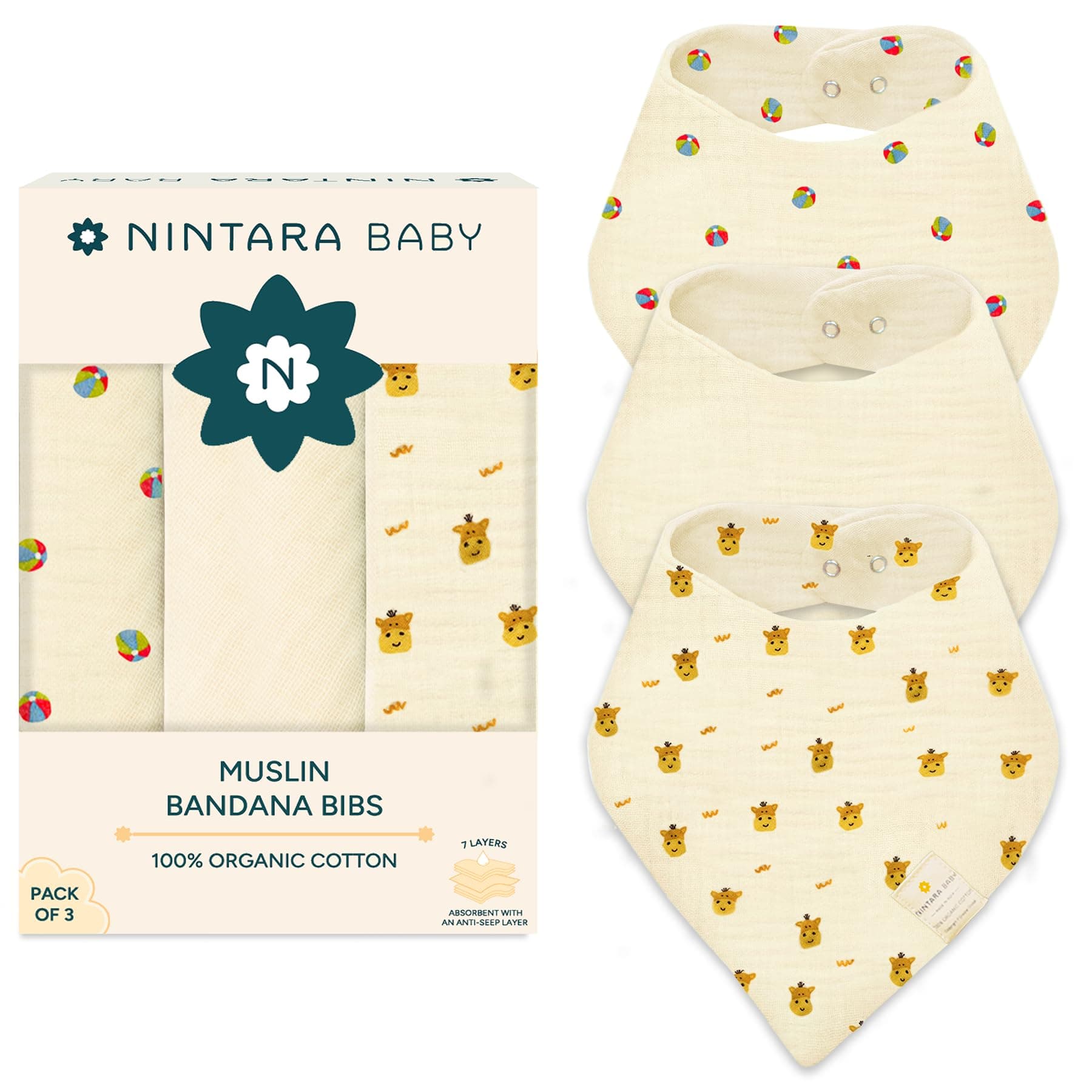 NINTARABABY Bandana Bibs – 100% Organic Muslin Cotton, 7-Layer Absorbent for Drooling, Teething & Feeding, Soft & Hypoallergenic, Adjustable Snap Buttons, Reversible, Baby Gift Ages 0–3, Pack of 3