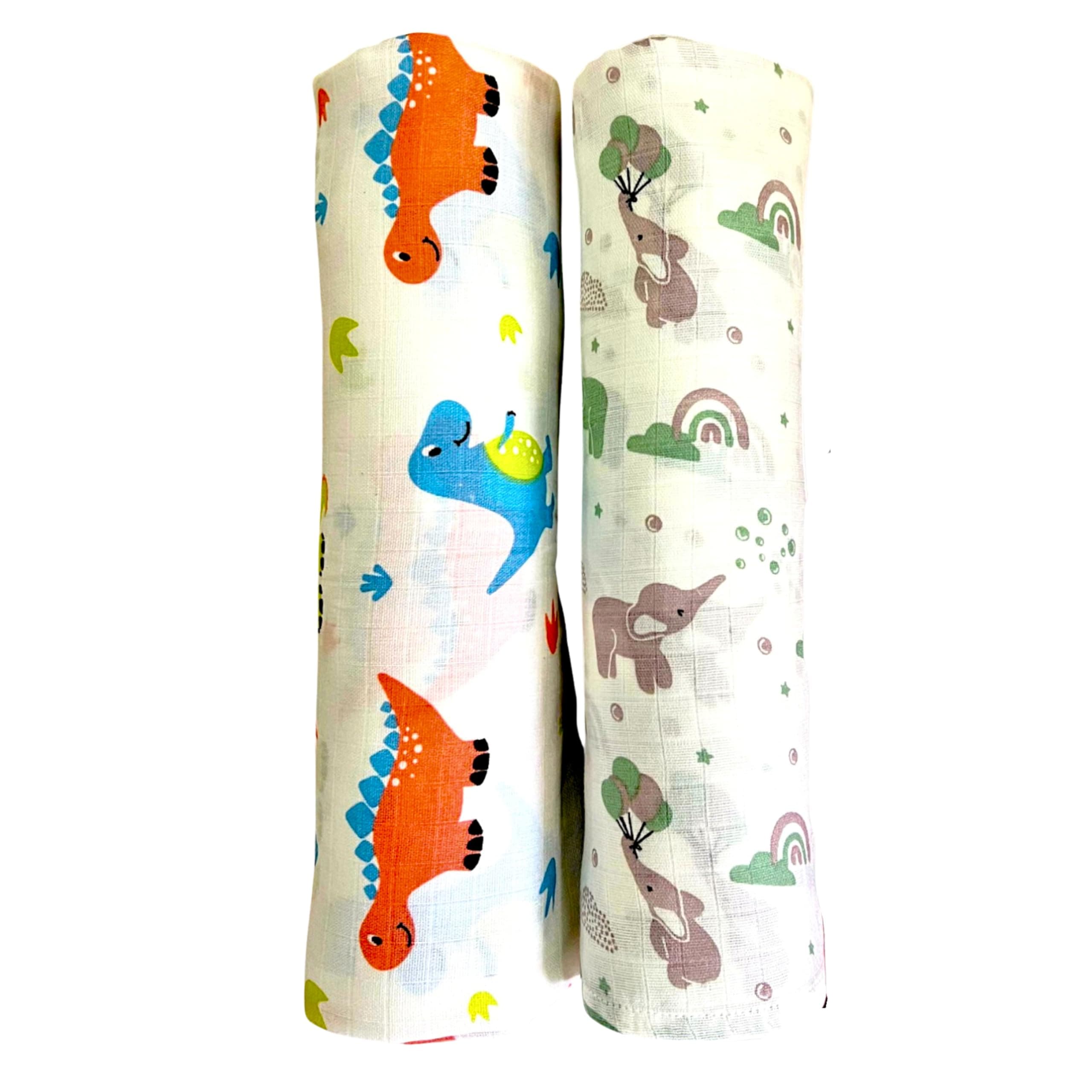 TEETAR Muslin Cotton Baby Swaddle Wraps, Elephant & Dinosaur Print, 2 Pack | Large 100x100 cm, Soft, Breathable & Lightweight, Multi-Use
