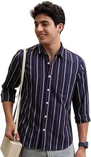 Highlander Men’s Slim Fit Striped Shirt | Full Sleeves | Everyday Wear Stylish Shirt for Men Navy