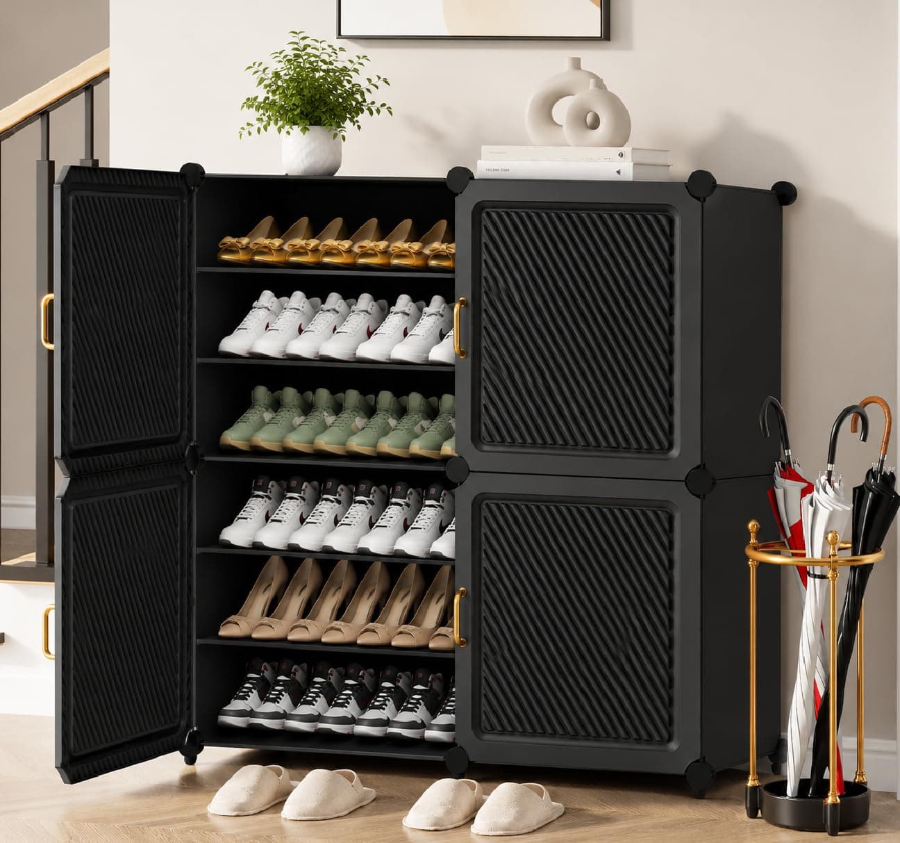 Exvito Plastic Shoe Rack for Home with Door, 6-Door Shoe Storage Cabinet | 18-Shelfs for 36 Pairs | Waterproof & Portable DIY Shoe Slipper & Chappal Stand for Entryway/Bedroom - HS