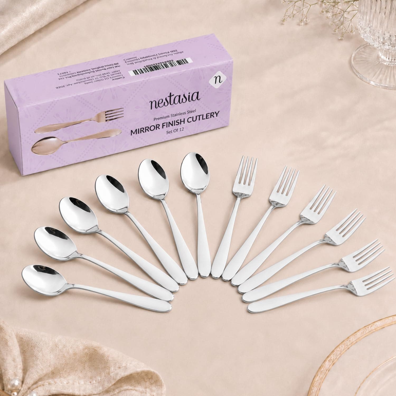Nestasia Stainless Steel 12 Piece Cutlery Set for Dining Table - Rust & Stain Resistant 6 Spoons & 6 Forks with Glossy Finish | Silver PVD-Coated Flatware Set for Home, Kitchen & Gifting