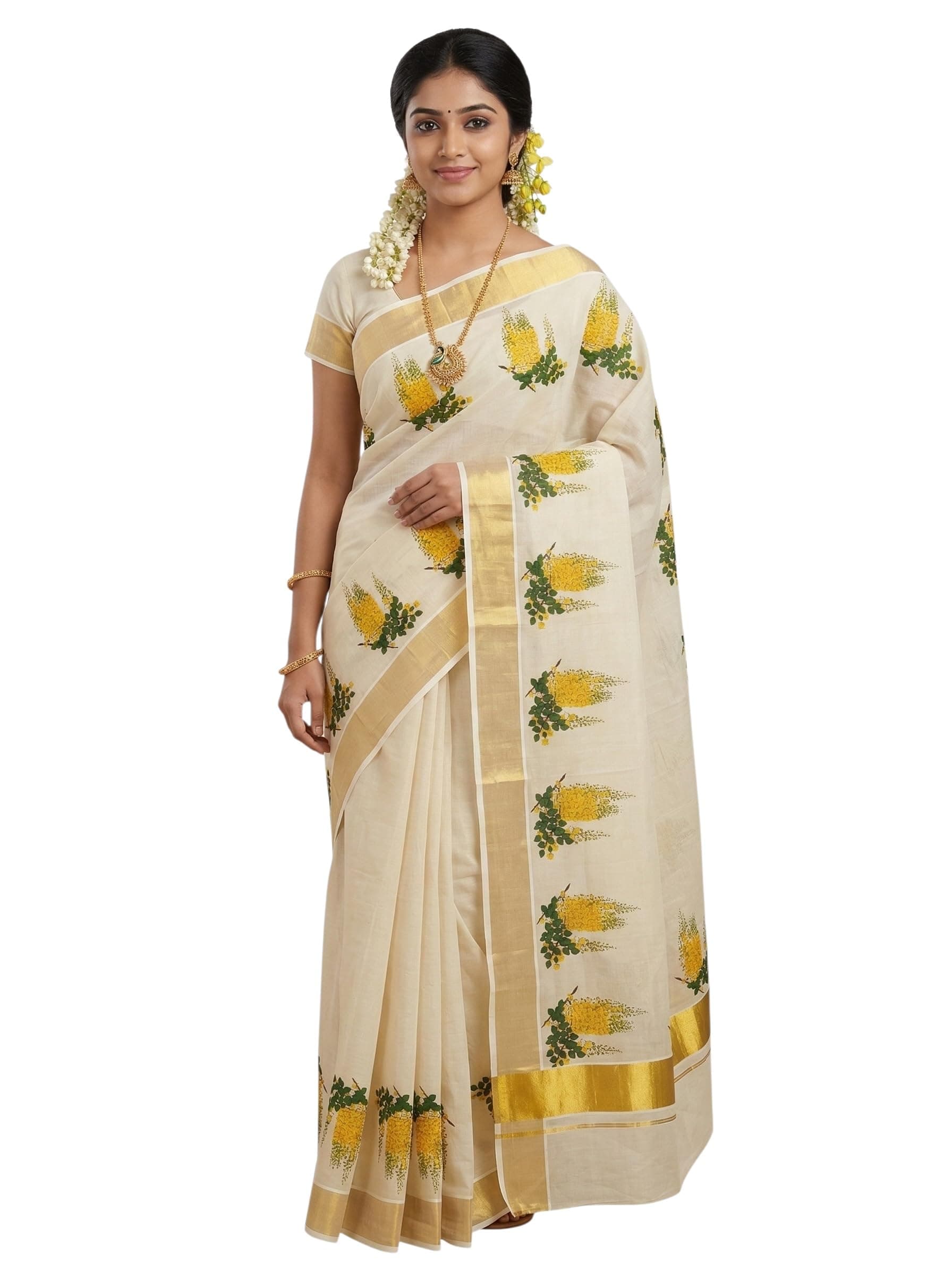 ALLUVY Kuthampully Kerala Saree | Vishu Kanikonna Tissue Kasavu Saree | Authentic South Cultural Sarees With Running Blouse | Mural Hand Printed Kasavu Saree | Ekm-985
