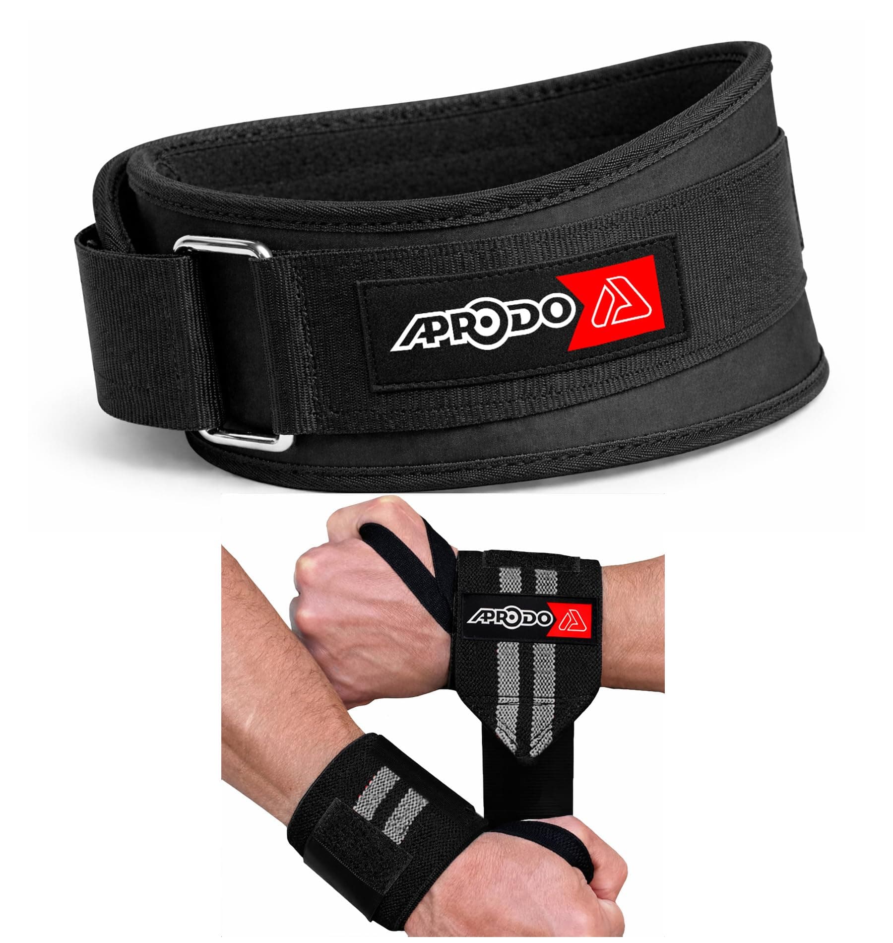 APRODO Fitness Combo Weight Lifting Belt Back Support 4.5 Inch Wide with Extra Premium Wrist Support 1 Pair for Men and Women (BLACK GREY COMBO, Small 28'' - 32'')
