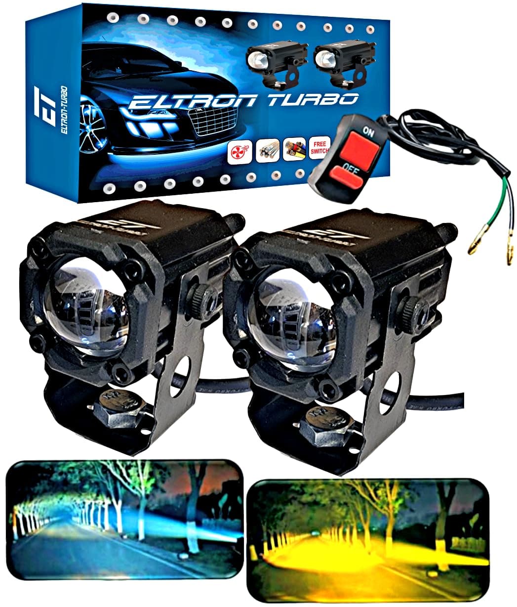 ELTRON TURBO 1 Year Warranty Original Imported Mini Driving Fog Light Led DC Power 12V-24Volts 80Watts Universal For All Motorcycle, Scooties, Car, Projector Light White And Yellow (Pack Of 2, Switch)