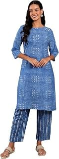 W for Woman Blue Geometric Print Cotton Co-Ord Kurta Set With Slim Pant For Women