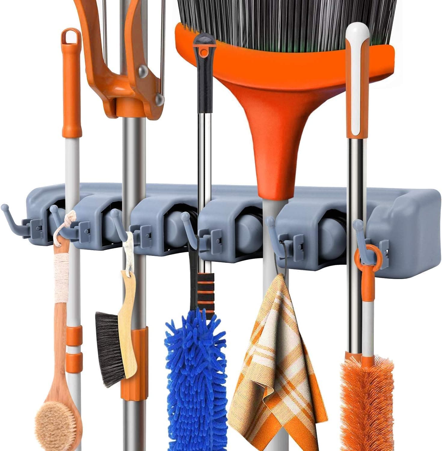 Chillyfit 2 PACK Broom Holder Wall Mounted, mop Holder for Wall, Broom Stick Holder Wall Mounted Stand, Storage Broomstick Brush Mount Organizer with Hanger Hooks (5 Slot 6 Hooks)- Gray