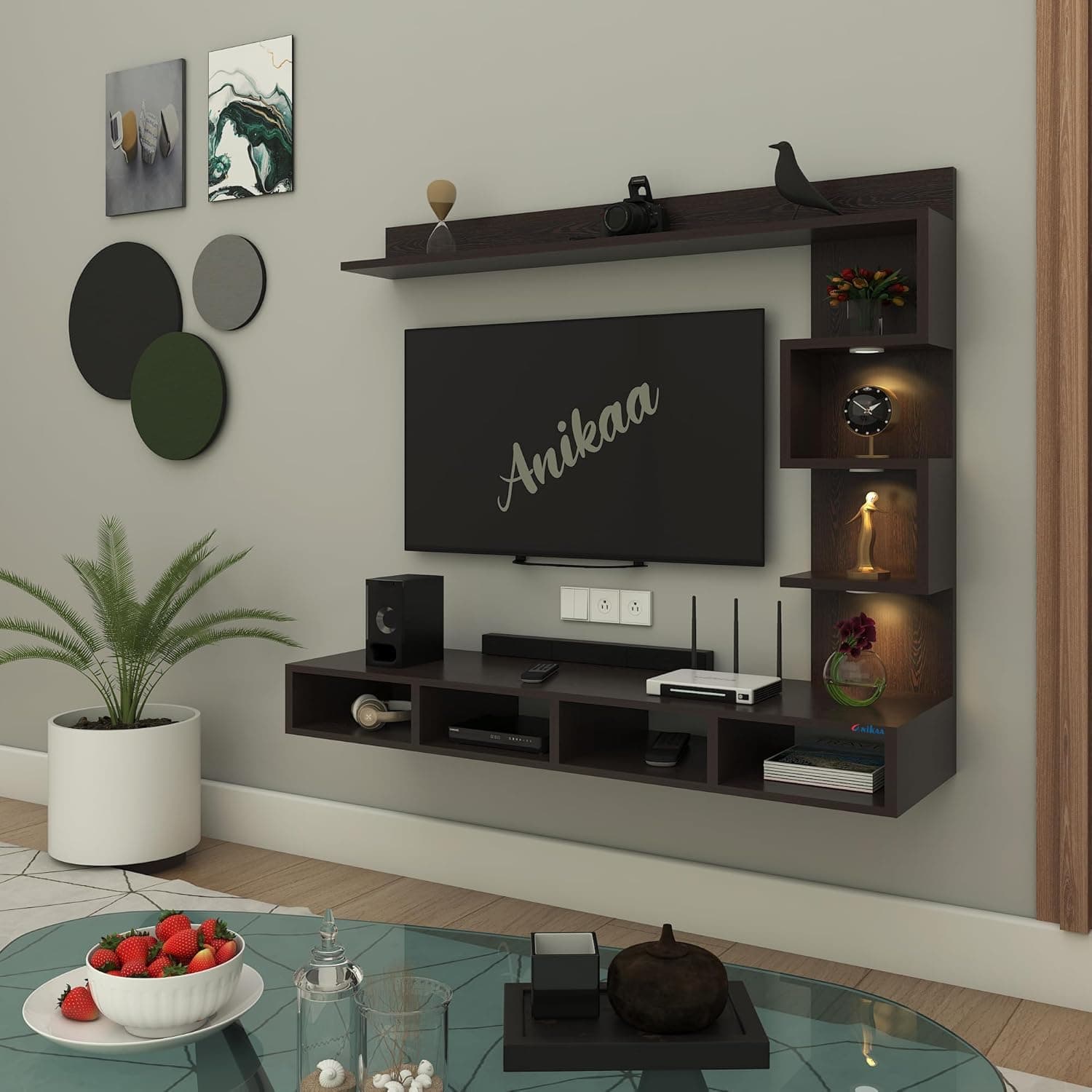 Anikaa Kasey Engineered Wood Wall TV Unit LED Light Wall TV Stand Wall Mounted TV Unit for Living Room Home Office- (Wenge) (Ideal for 55 Inch)(D.I.Y)