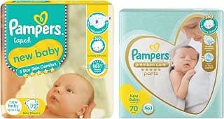 Pampers Active Baby Diapers, New Born, Extra Small, (NB, XS) size, 72 Count, Taped style diaper & Premium Care Pants, New Born, Extra Small size baby diapers (NB,XS), 70 count, Softest ever Pampers