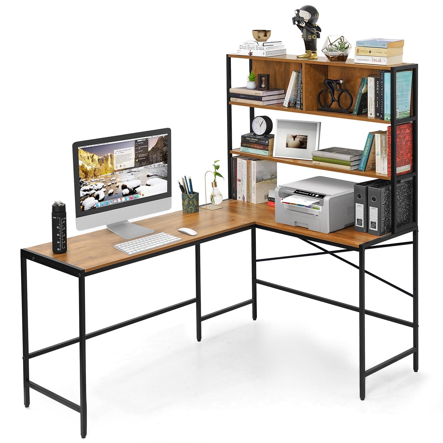 ABOUT SPACE 3 Tier Computer Table with Unique L-Shaped Modern Desktop for Pc, Laptop, Study & Writing Open Bookshelf with Tower Storage Display Shelf [Teak - L 151.7 x B 113.5 x H 157 cm]