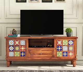 Solid sheesham Wood tv Unit 1 Drawer 2 Door Cabinet Natural Teak Finish Colour Brown