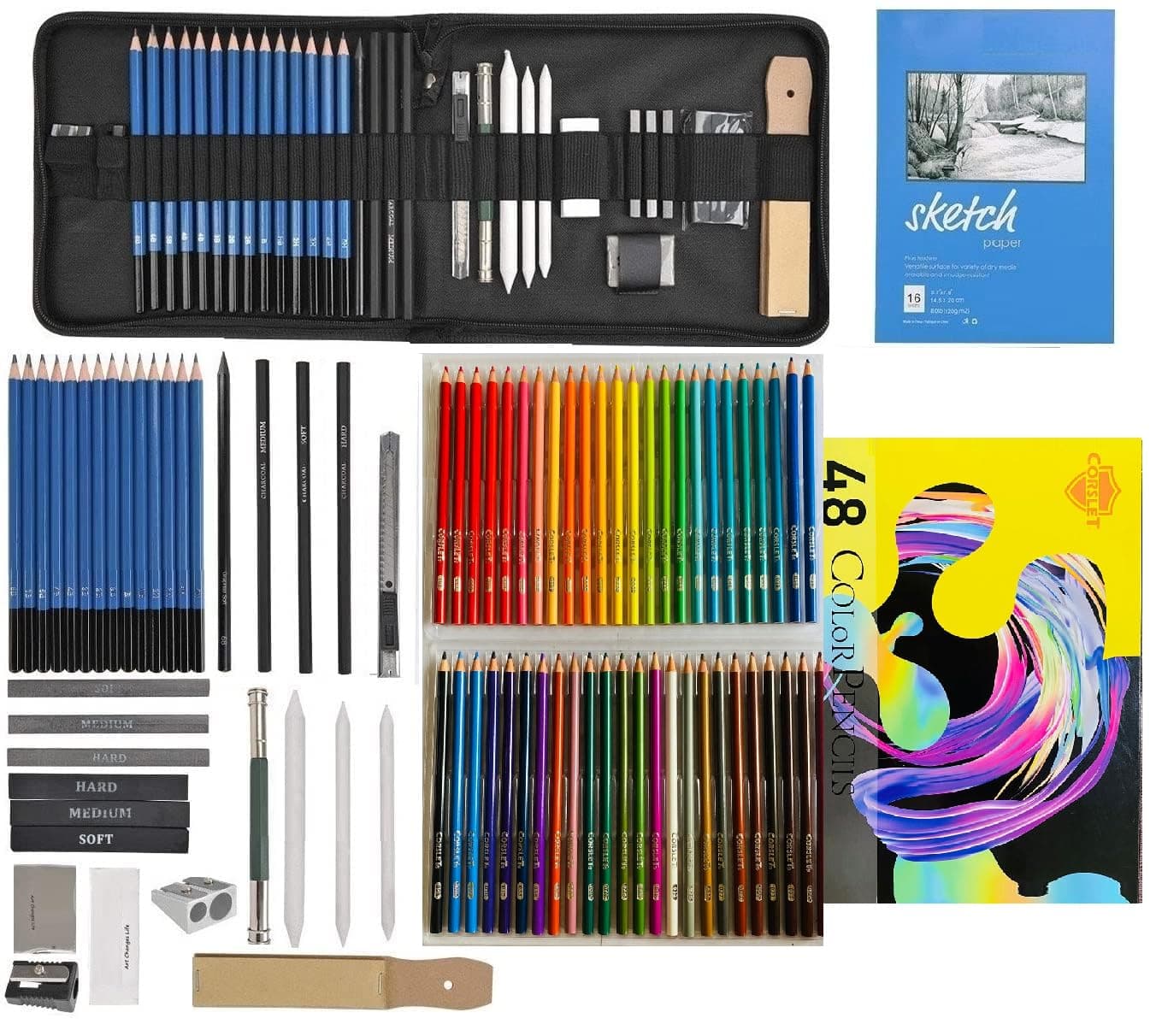 Corslet 83 Pcs Sketch and Color Pencils Set With Zipper Carry Case | Oil-Based Professional Pencil Set for Kids & Adult | Art Sketching Kit with Graphite Charcoal Drawing Pencil Set for Artist