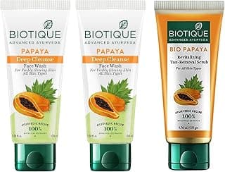 Biotique Bio Papaya Visibly Ageless Face Wash, Pack of 2, 200 ml (2 x 100 ml) and Biotique Bio Papaya Revitalizing Tan Removal Scrub, 50 g